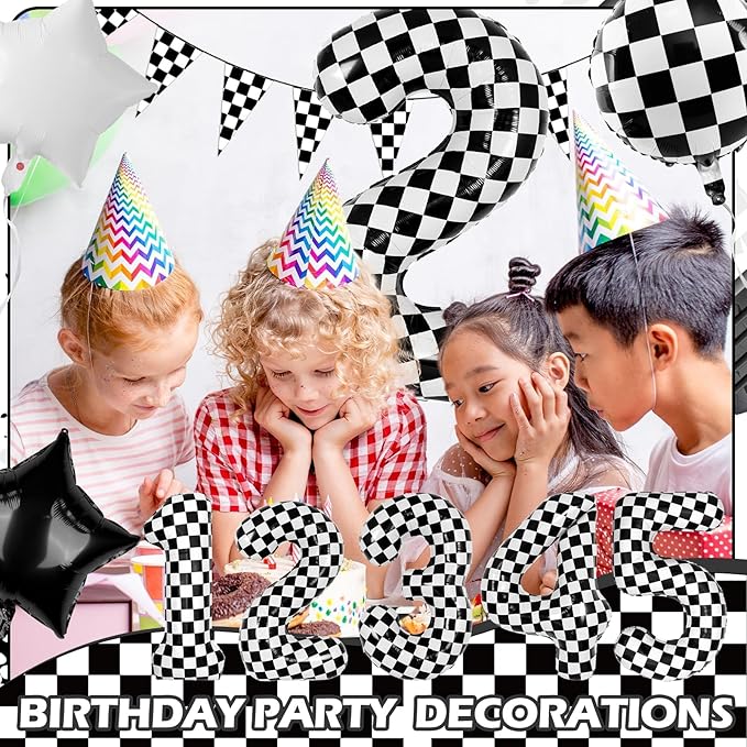 40 Inch Checkered Number Balloons 2 Black and White Foil Balloon for Girls & Boys Racing Car Theme Birthday Party Decorations, Party Supplies & Favors(Number 2)