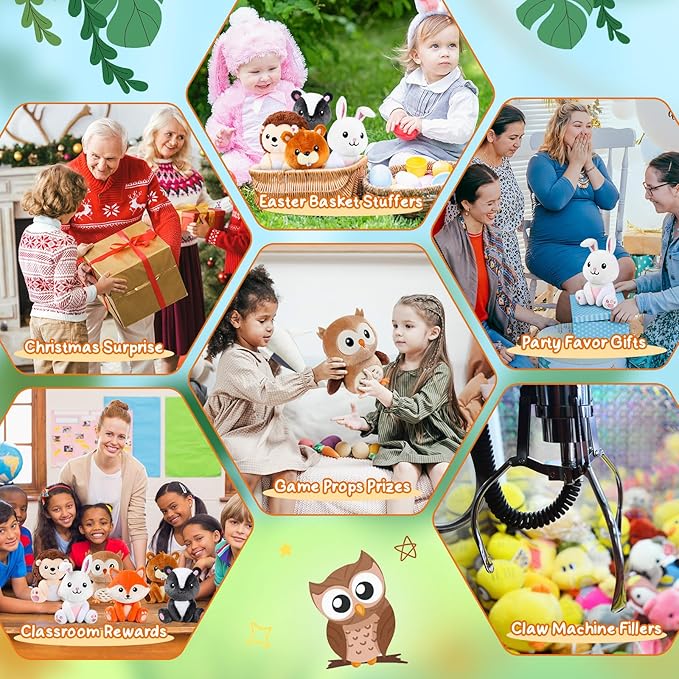 6 Pcs Safari Animals Toys 7 Inch Owl Rabbit Fox Beaver Hedgehog Skunk Large Stuffed Animals Bulk for Woodland Baby Showers Party Decor Birthday Gifts Classroom Teacher Student Awards