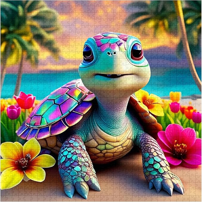 Rainbow Turtle Puzzles for Adults 1000 Pieces, PICKFORU Summer Turtle Beach Jigsaw Puzzle, Impossible Challenging Seaside Flower Animal Theme as Home Decor