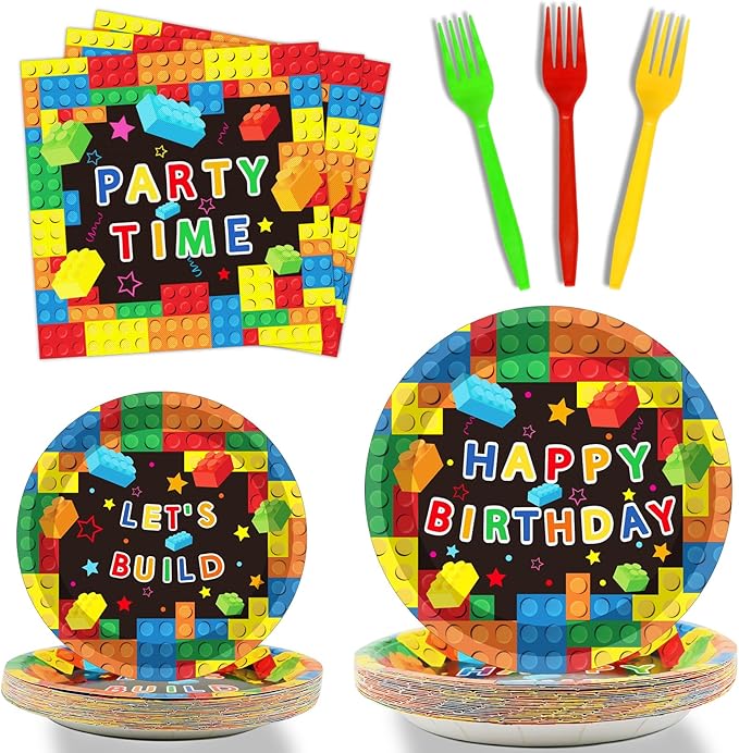 gisgfim 96 Pcs Building Block Birthday Party Supplies Paper Plates Napkins Colorful Blocks Party Birthday Decorations Favors for Boy or Girl Serves 24
