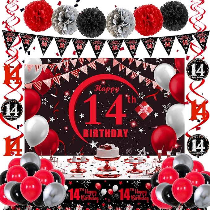 14th Birthday Decorations for Boys Girls, Red Black Happy 14 Birthday Party Decorations, 14th Birthday Backdrop Banner Tablecloth Triangle Flag Balloons, 14 Year Old Boy Bday Party Supplies Decor