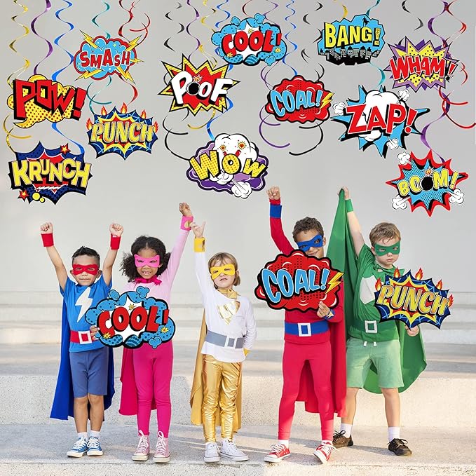 Sumind 54 Pcs Hero Themed Hanging Swirls Hero Action Sign Foil Ceiling Streams Party Banner Decoration for Kids Baby Shower Celebrating Events Birthday Party Supplies Room Wall Decor(Vintage)