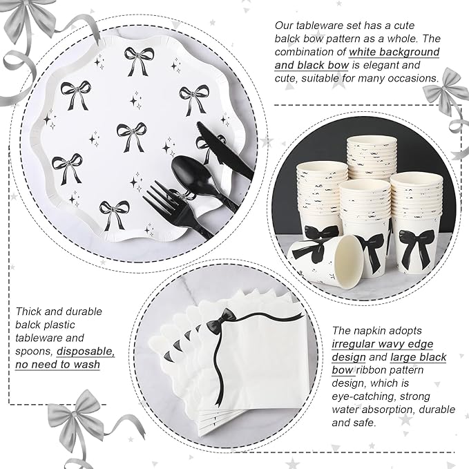 350 Pcs Bow Black Party Supplies Tableware Set Disposable 9'' 7'' Paper Plates 9 oz Cups Cutlery Napkins Dinnerware Set for 1st Birthday, Serve 50 (Bow, Black)