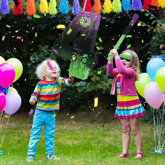 Monster Truck Car Number 4 Pinata for 4th Birthday Party Decorations, Birthday Pinata with Stick Blindfold and Confetti for Green and Purple Party Supplies Celebration (Small, 15.8 x 11.5 x 2.45 In)