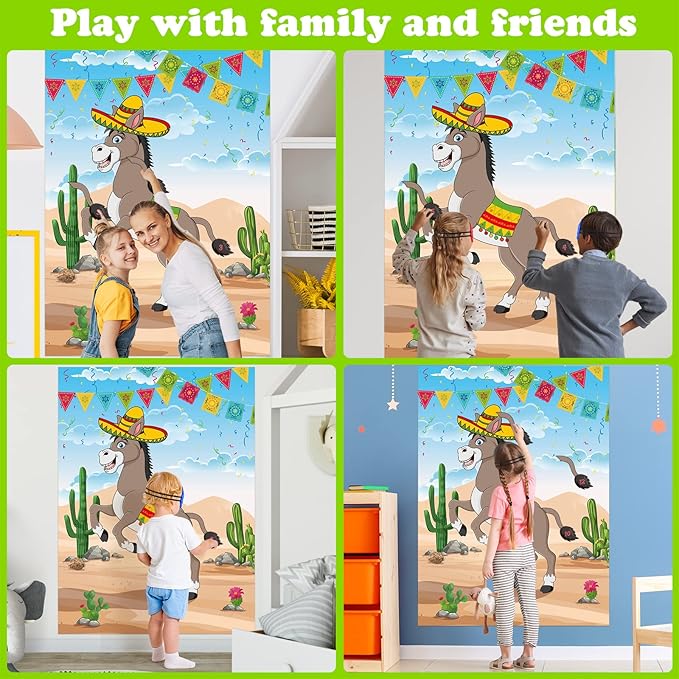 PLULON Pin The Tail on The Donkey Birthday Games for Kids Mexican Donkey Game Poster with Tail Stickers Donkey Party Favors Carnival Birthday Fiesta Home Wall Decor Classroom Family Activities