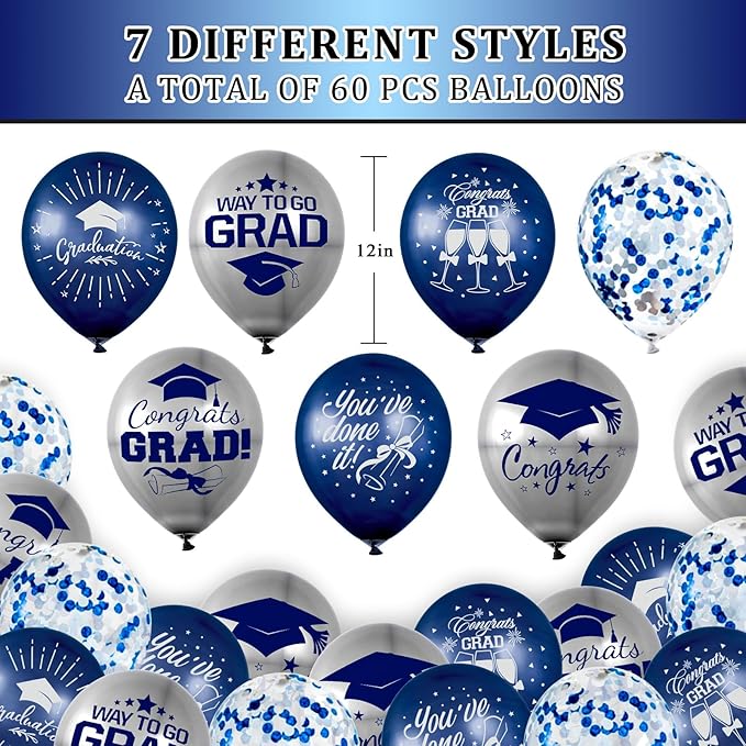 Whaline 60Pcs Graduation Party Balloon Set 7 Designs Confetti Latex Balloon with 2 Rolls Ribbon Grad Cap Congrats Grad Balloon for Graduation Party Decor Supplies (Navy Blue, Silver)