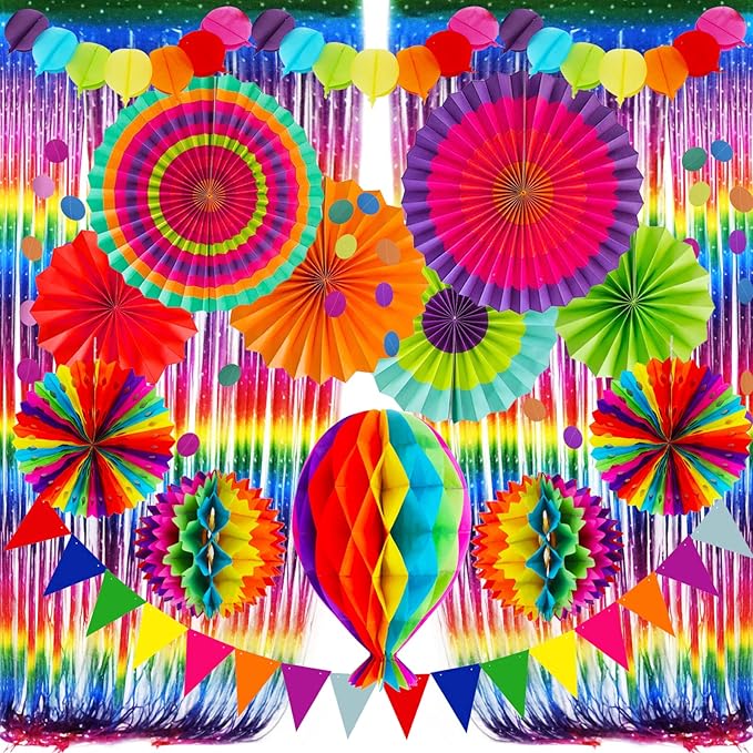Party Decorations, Colourful Rainbow Foil Fringe Curtain Fiesta Hanging Paper Fans Pompoms Honeycomb Paper Hot air Balloon Garlands for Mexican Cinco De Mayo Taco Birthday Party Supplies