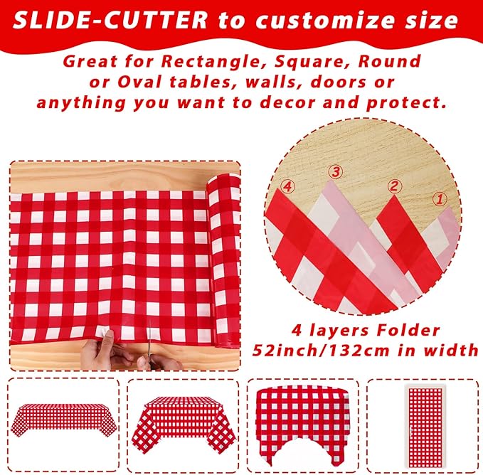 Red and White Checkered Tablecloth Roll 52 in x 100 Ft Red Checkered Picnic Party Supplies Camping Party Tablecloth for Indoor Outdoor Events Family Banquet Parties and Celebrations（Plastic ）