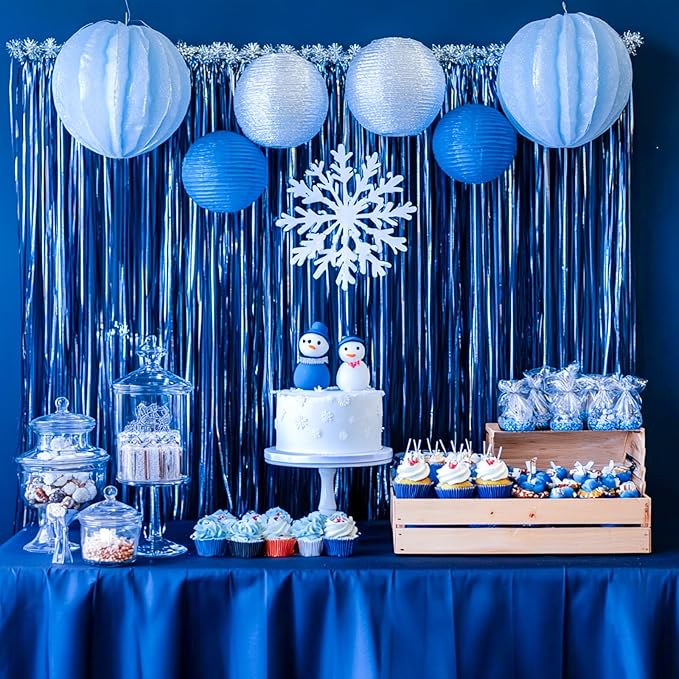 PartyWoo 2 pcs Royal Blue Foil Fringe Curtain, Metallic Foil Tinsel Fringe Backdrop Door Fringe for Birthday Wedding Party Photo Backdrop, Blue Streamers Party Decorations