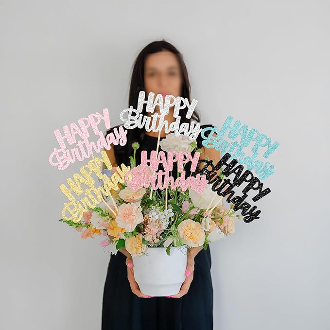 Gyufise 12Pcs Happy Birthday Centerpieces Sticks Double Sided Glitter Birthday Party Decorations Anniversary Table Flower Centerpiece for Celebrating Party Supplies Multicolor