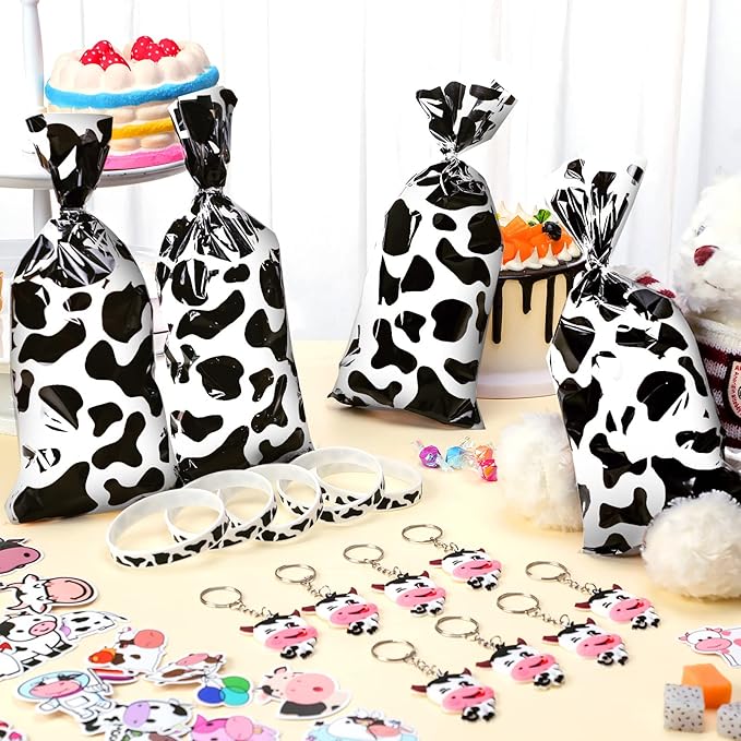Chunful 148 Pcs Cow Party Favors Include Cow Print Gift Bag Cute Keychain Elastic Silicone Bracelets Animal Stickers for Birthday Party Supplies