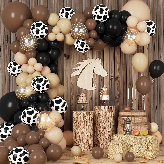 170Pcs Western Cowboy Balloon Garland Arch Kit, Black Brown Confetti Cow Print Balloons for Hourse Western Farmland Cowboy Cowgirl Animal Themed Baby Shower Birthday Party Decorations Supplies