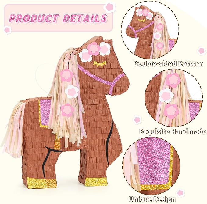 WERNNSAI Horse Piñata - Cowgirl Birthday Party Decorations Pink Brown Horse Piñata with Blindfold and Bat Western Cowgirl Party Favors for Kids Boys Classroom Activities Game