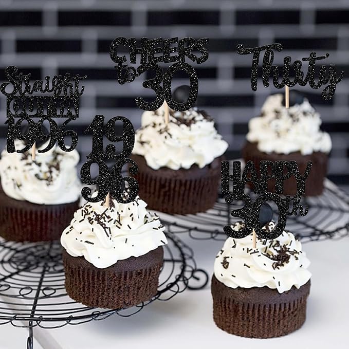 30PCS Black 30th Birthday Cupcake Toppers Glitter Thirty Happy 30th Straight Outta 1996 Cupcake Picks for Cheers to 30 Years 30th Birthday Wedding Anniversary Party Decoration Supplies
