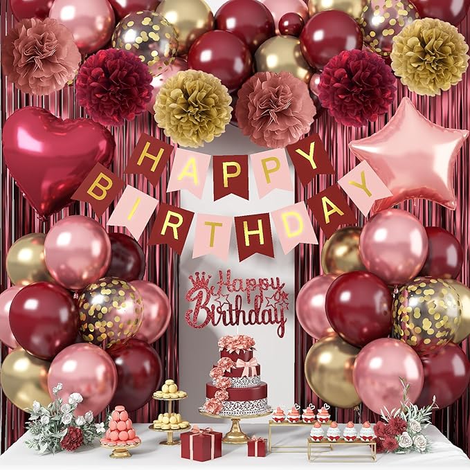 Burgundy Birthday Decorations for Women Girls, Wine Red Rose Gold Balloons Maroon Burgundy Gold Happy Birthdays Balloon Banner Pompoms Curtains for Women Girls Adults Birthday Party Decorations