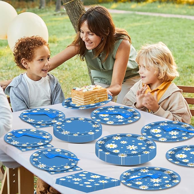 96Pcs Daisy Birthday Party Supplies Groovy Flower Paper Plates and Napkins Spring Floral Disposable Dinner Dessert Tableware Set for Blue Baby Shower Birthday Party Decorations Serve 24