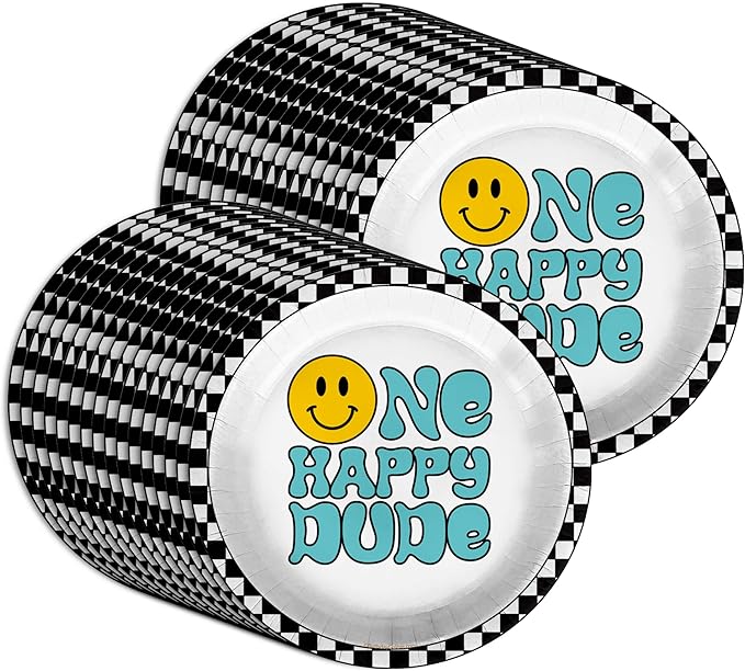 One Happy Dude Smiley Face First Birthday - 32 Piece Disposable Party Supplies - Decorations for Boy's 1st Birthday Round Party Plates - Large 9" Paper Plates In Bulk