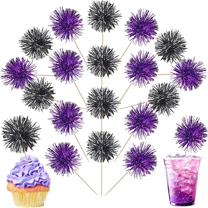 40 PCS Foil Firework Cupcake Toppers Sparkle Tinsel Cupcake Picks Fireworks Birthday Party Decorations Cocktail Fruit Toothpick for Birthday Wedding Graduation Party Decorations Supplies Black Purple