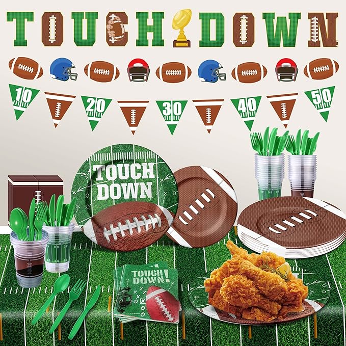 173PCS Football Party Supplies Kit for 24 Guests - Football Birthday Party Supplies with Paper Plate Napkin Big Cup Cutlery Banners Touchdown Tablecloth Tailgate Party Decorations(B)