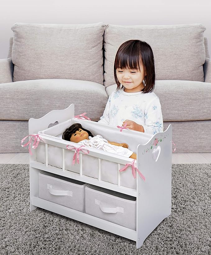 Badger Basket Wooden Doll Bed with Bed Liner, Pillows and Two Storage Baskets - Fits 18" Dolls - Ideal for Pretend Play and Baby Doll Fun - White/Rose Design with Free Personalization Kit