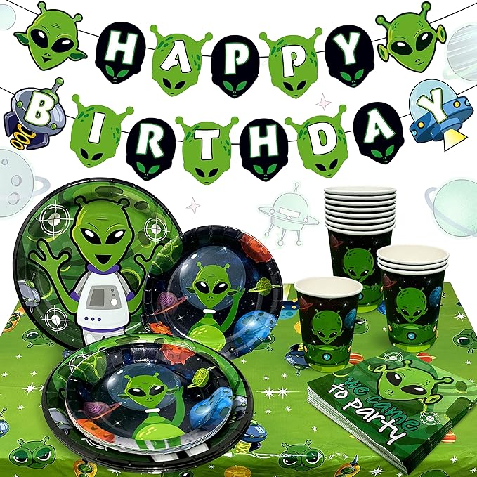 LaVenty Alien Theme Birthday Decoration Alien Prop Outer Space Party Decorations Alien Banner UFO Theme Birthday Party Supplies