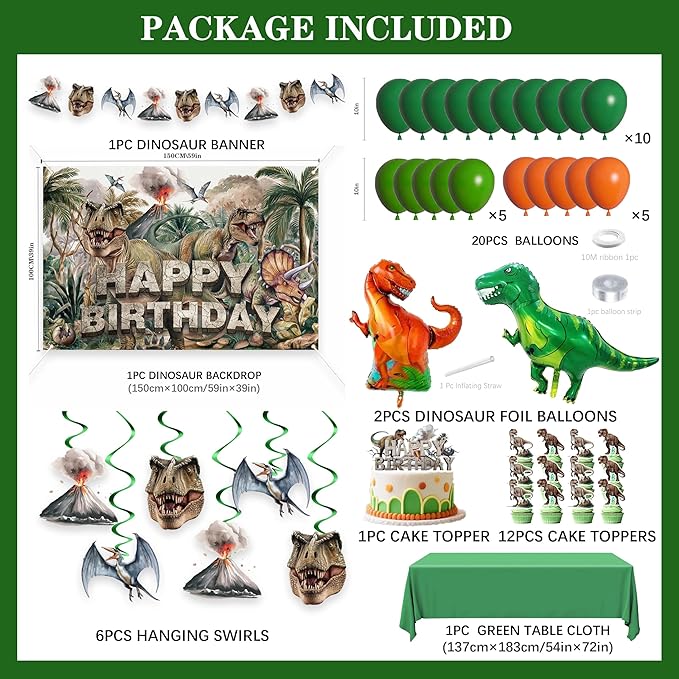Happy Birthday Decorations For Women Men,Birthday Backdrop,Banner Balloons,Table Cloth,Paper pom poms Party Supplies for Girls Boys (Dinosaur)
