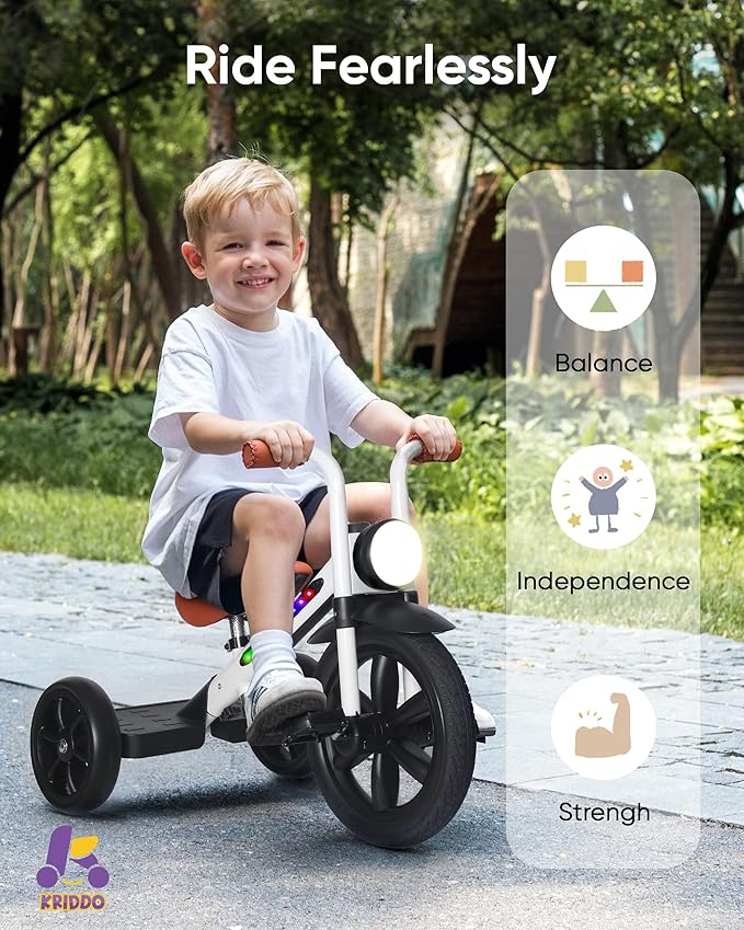 KRIDDO Kids Tricycle, 12 Inch Puncture Free Wheel w Front Light, Adjustable Seat Height, Gift for 2-5 Year Olds, WhiteLED