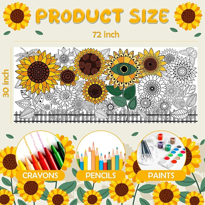 OHOME Sunflower Giant Coloring Poster/Tablecloth - Sunflower Decor - 30 x 72 Inches Jumbo Coloring Banner Kids Crafts Activities Decor Party Supplies