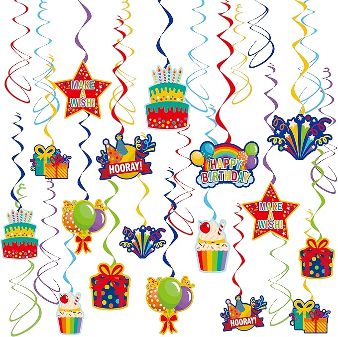 Colorful Birthday Hanging Swirl Decorations, 36ct Paper Ceiling Decor Set with Cutouts of Cakes, Gifts, Balloons & Stars, Vibrant Paper Party Supplies for Birthday Decor & Celebration Themes