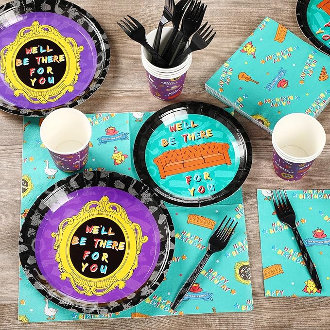 84 Pcs Happy Birthday Party Supplies Birthday Decorations Include Paper Plates Paper Cups Napkins Black Plastic Fork Disposable Dinnerware for Party Supplies