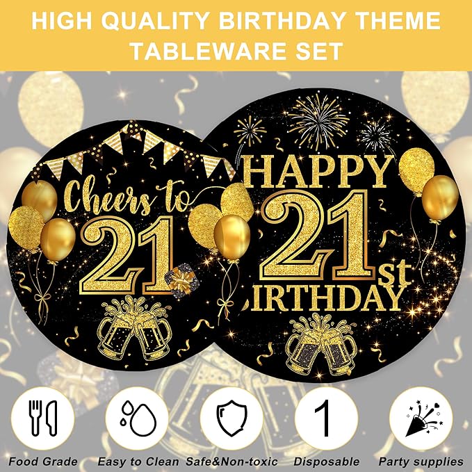 120PCS 21th Birthday Decorations for Boys 21 Years Old Birthday Decorations Sweet 21 Plates Napkins Tablecloth for Boys Girls 21th Birthday Party Supplies