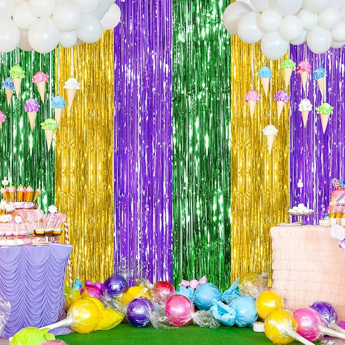 2Pack Green Gold Purple Party Backdrop Decorations,3.3x8.3ft Tinsel Curtain Birthday Decorations Foil Fringe Photo Booth Streamer Backdrop Green Theme Xmas Bachelorette Graduation Party Decorations