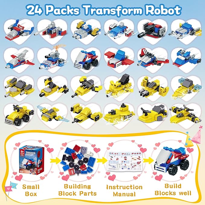 24 Packs Party Favors for Kids - Transform Robot Building Blocks, 12-in-1 Creative Action Mech Toy Building Set for Classroom Prizes Stocking Stuffers, Birthday Valentines Easter Gifts for Boys Girls