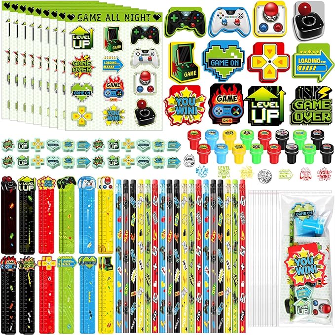 Cholemy 168 Pcs Video Game Party Favors Include Gaming Mini Notebook Gamer Birthday Sticker Pencil Stamper Ruler Eraser for Boy Teen Game Gifts Classroom Rewards Favor Party Supplies Decor(Bright)