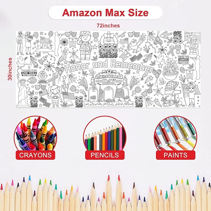 OHOME Memorial Day Giant Coloring Poster/Tablecloth - Memorial Day Decorations - 30 x 72 Inches Jumbo Coloring Banner Crafts Gifts Activities Accessories Decor Party Decorations