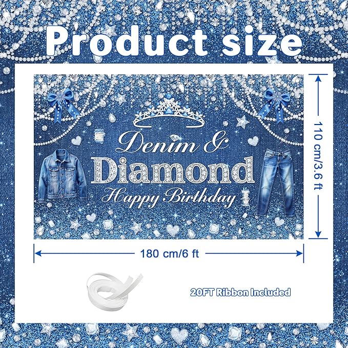 Avezano Denim and Diamonds Birthday Party Decorations Birthday Backdrop for Women Denim and Diamond Happy Bday Banner Crystal Party Supplies 6 x 3.6 ft