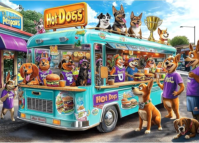 Blueforest 1000 Piece Jigsaw Puzzle for Adults - Cartoon Dogs Food Truck Adventure - Challenging & Fun Puzzle with Vibrant Art, Bonus Poster (27.5" x 19.7")