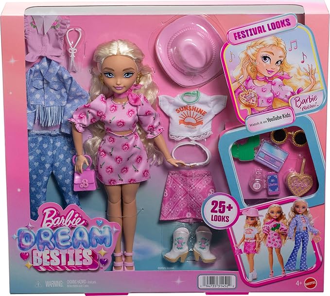 Barbie Dream Besties Festival Looks Set, Including Barbie “Malibu” Doll with Long, Blonde Stylized Hair, 10+ Removable Fashions & Accessories