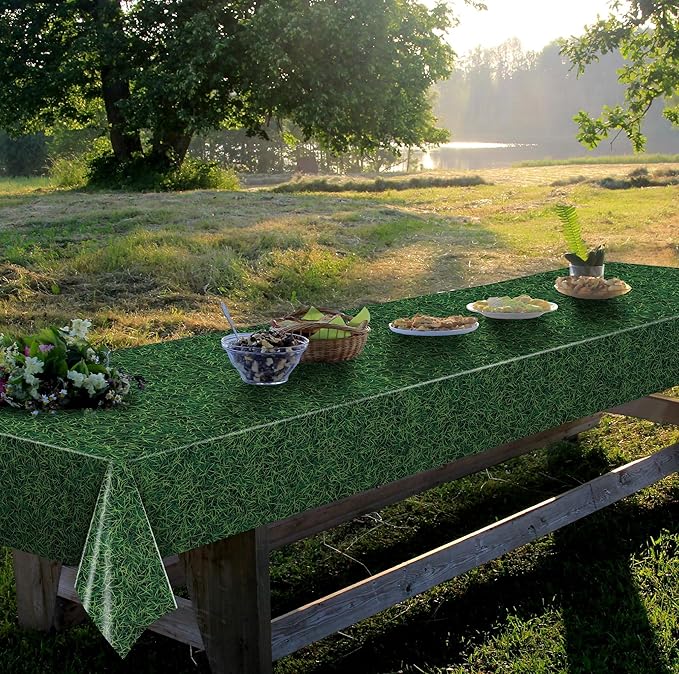 Kochorie 54 Inch x 100 Ft Grass Plastic Table Cloth Roll Disposable Waterproof Football Field Table Cover Plastic Table Cover Roll with Easy Slide Cutter for Jungle Party/Sport/Outdoor Picnic
