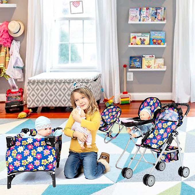 fash n kolor 4 Piece Baby Doll Play Set Flower Design Includes - Foldable Pack N Play, Baby Doll Stroller, Baby Doll High Chair, Infant Seat, Fits Up to 18'' Doll 4 Piece Doll Accessories Set