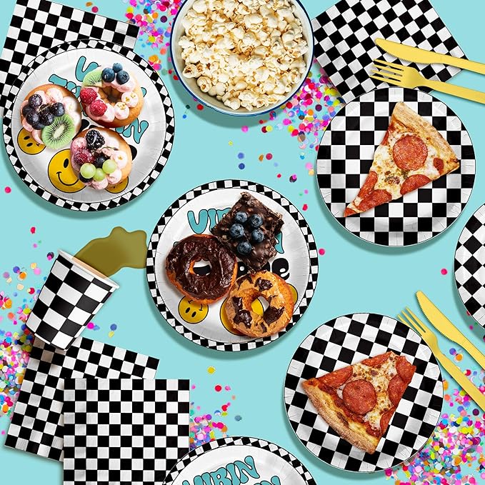 Vibin Thrivin' and Three Smiley Face 3rd Birthday Party Supplies - 64 Piece Boys Third Birthday Tableware Set Includes Large 9" Dinner Plates and 8" Dessert Paper Plates Napkins Cups - Kit for 16