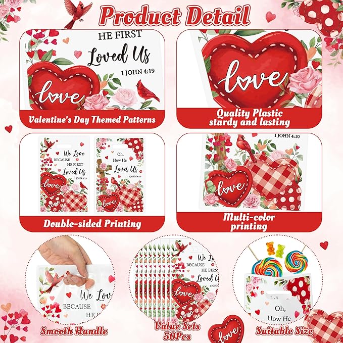 Religious Valentine’s Day Party Favor Bags - 50Pcs Valentines Religious Christian Cross John 4:19 Goody Candy Treat Bags, Bible Verse Themed Party Decorations for Church Sunday School