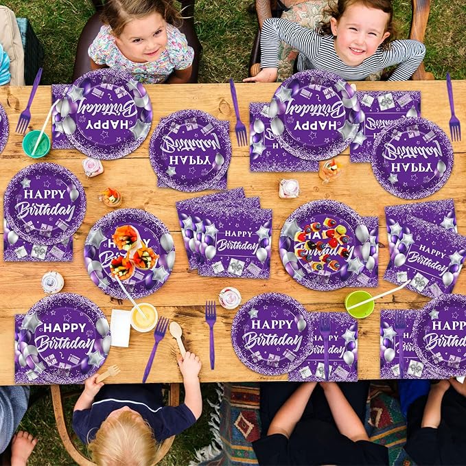 96 Pcs Purple Birthday Party Supplies Paper Plates Napkins Purple Silver Happy Birthday Tableware Set Dinner Dessert Table Decorations Favors for Women Girls Serves 24