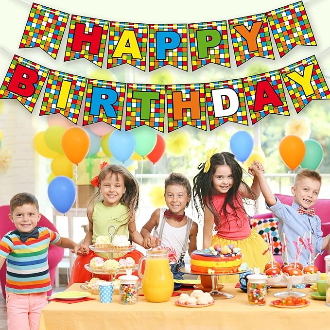 Colorful Cube Birthday Banner Plaid Block Puzzle Game Themed Decor with Colorful Letters for Kids Boys Girls Birthday Party Baby Shower Favors Decorations Supplies BECKTEN