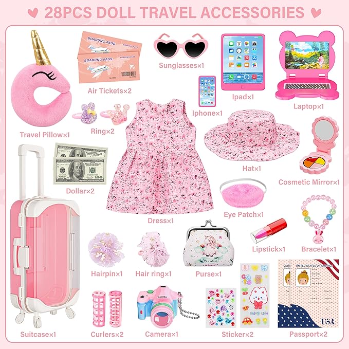 Doll Suitcase Travel Sets, 18 inch Doll Clothes and Accessories - 28 Pcs Travel Pillow, Unicorn Bag, Sunglasses, Camera, Computer, Phone, Passport, Birthday Gifts for Age 3 4 5 6 7 Year Old Girls
