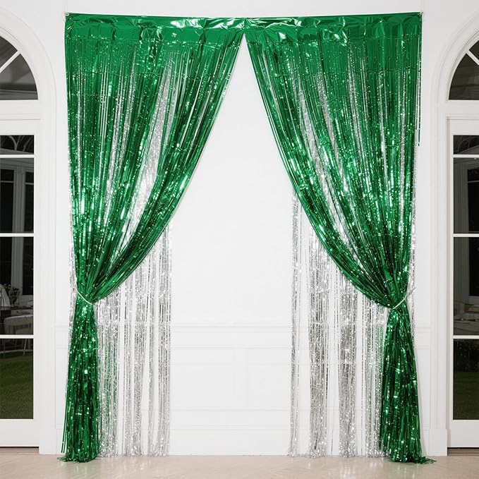 3 Packs Green Silver Foil Fringe Curtains, Birthday Party Decorations Backdrop Tinsel Steamer, Graduation Party Decorations Retirement Decor Party Backdrop
