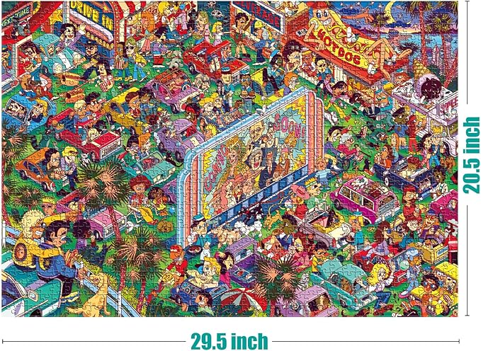 ANTELOPE 3 in 1 1000 Piece Puzzle Bundle - Dog Park, Drive in Movie, Roller Coaster - 1000 Piece Jigsaw Puzzle, Cartoon Style, 15 Years and Up