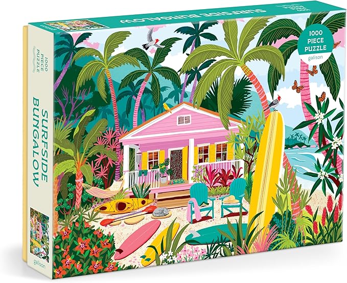 Galison Surfside Bungalow – 1000 Piece Jigsaw Puzzle Featuring Beautiful Artwork of A Beach Bungalow with Surfboards and Ocean Views