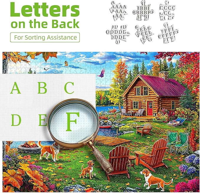 Autumn Lake House 1000 Piece Jigsaw Puzzle for Adults - Rustic Log Cabin, Dock & Fall Foliage Scenery with Dogs - Fun Landscape Challenging Gift for Game Night 27x20 Inches