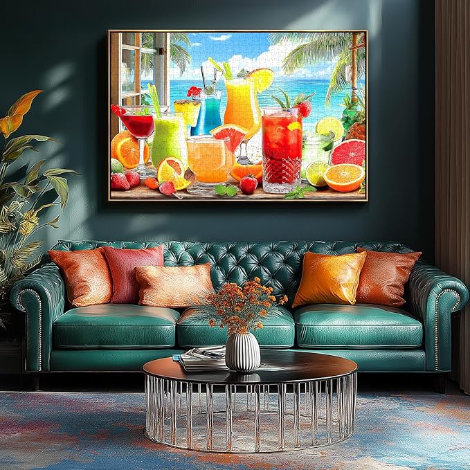 Colorful Drinks 1000 Piece Jigsaw Puzzle for Adults Summer Tropical Beach Scene with Fresh Fruits Ocean Vibrant Coastal Art Perfect for Relaxation & Home Decor(27.5" x 19.7")